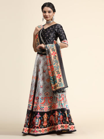 Black & Grey Printed Semi-Stitched Lehenga & Blouse With Dupatta