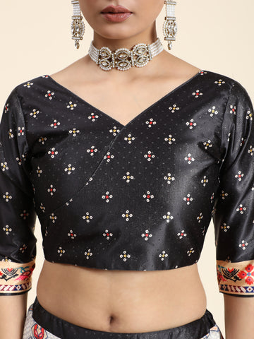 Black & Grey Printed Semi-Stitched Lehenga & Blouse With Dupatta
