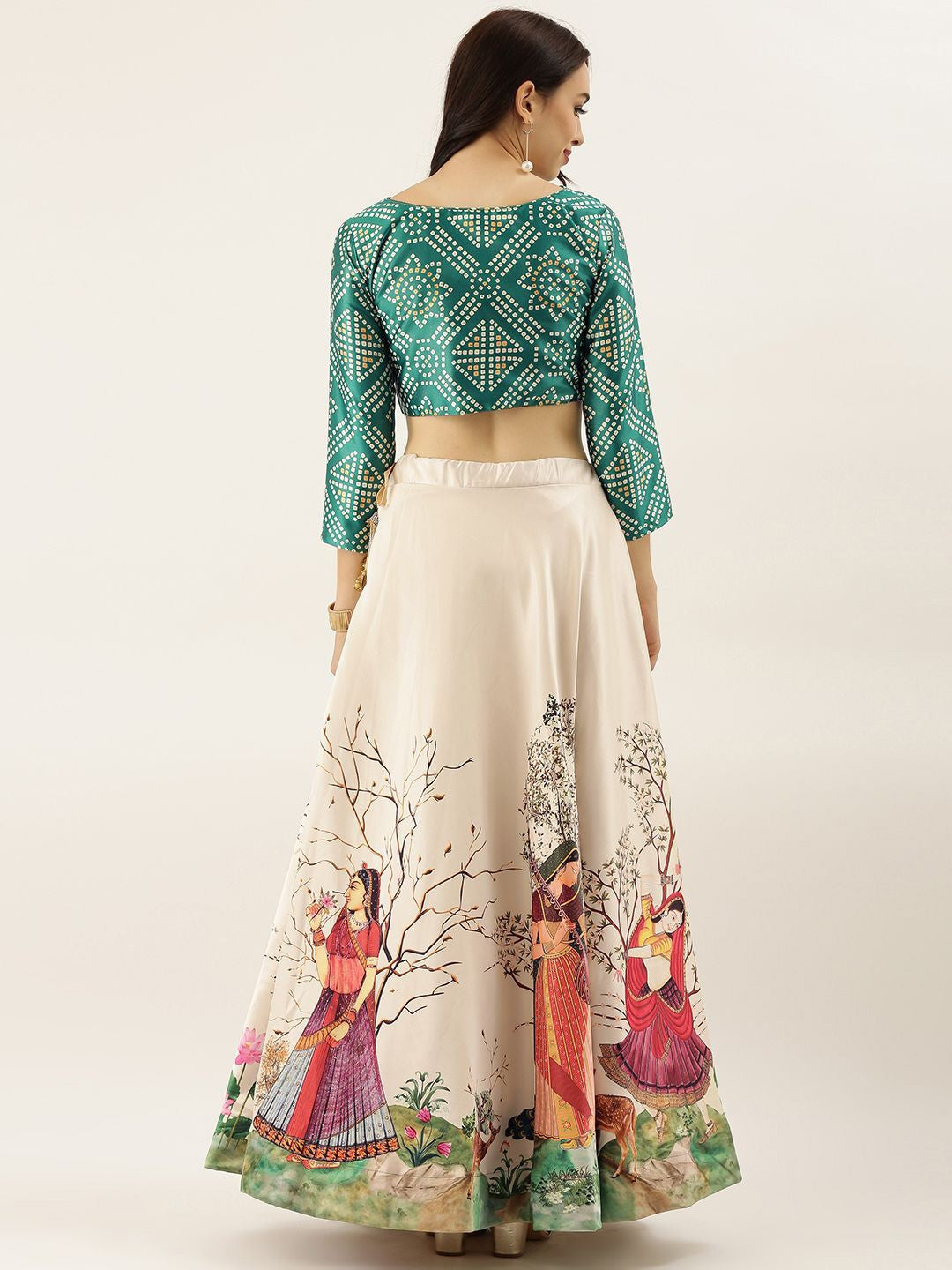 Floral Printed Green Semi-Stitched Lehenga with Unstitched Blouse - Satin & Raw Silk