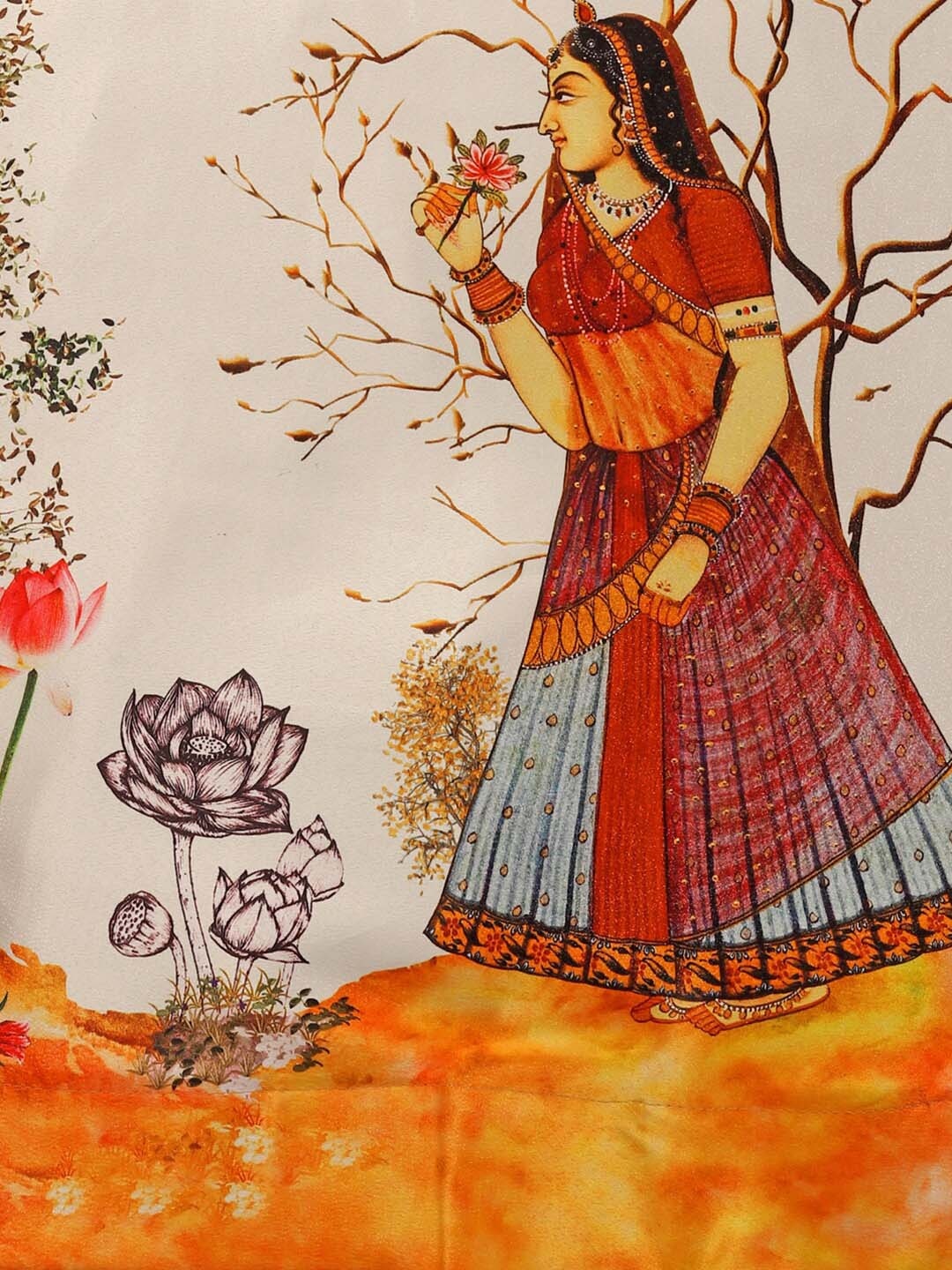 Floral Printed Yellow Semi-Stitched Lehenga with Unstitched Blouse - Satin & Raw Silk