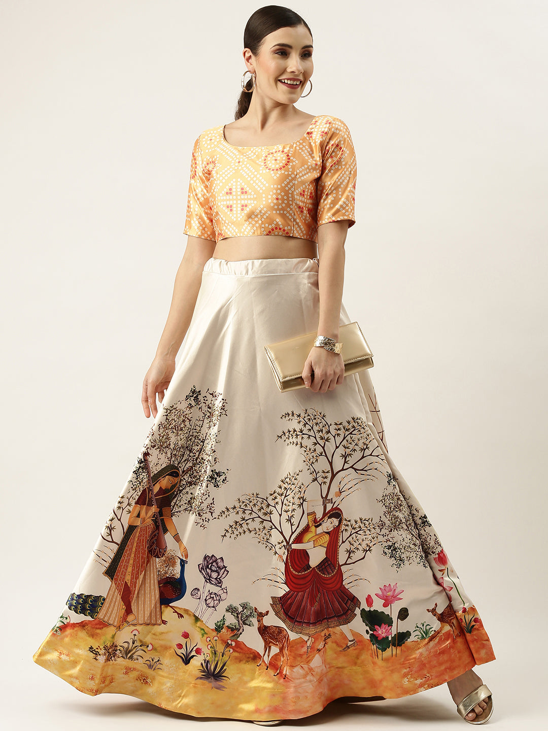 Floral Printed Yellow Semi-Stitched Lehenga with Unstitched Blouse - Satin & Raw Silk