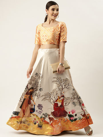 Floral Printed Yellow Semi-Stitched Lehenga with Unstitched Blouse - Satin & Raw Silk