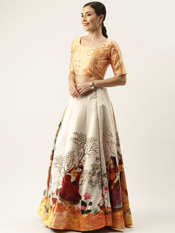 Floral Printed Yellow Semi-Stitched Lehenga with Unstitched Blouse - Satin & Raw Silk