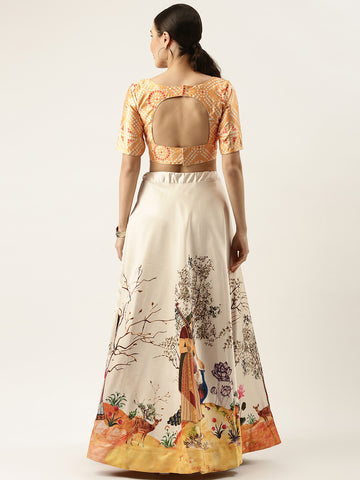 Floral Printed Yellow Semi-Stitched Lehenga with Unstitched Blouse - Satin & Raw Silk