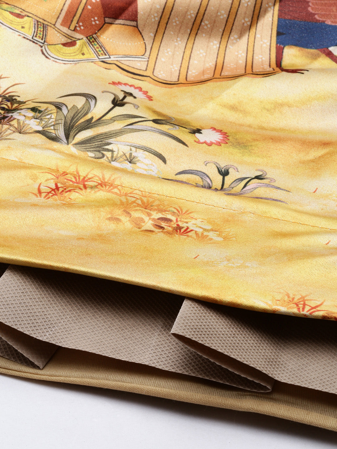 Floral Printed Yellow Semi-Stitched Lehenga with Unstitched Blouse - Satin & Raw Silk