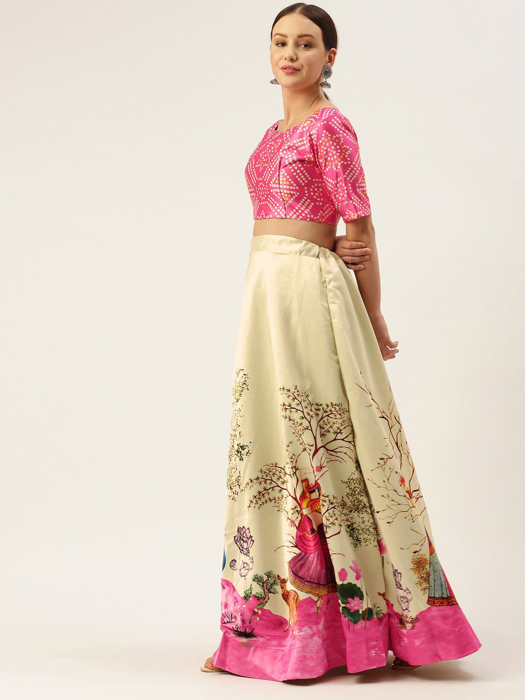 Floral Printed Pink Semi-Stitched Lehenga with Unstitched Blouse - Satin & Raw Silk