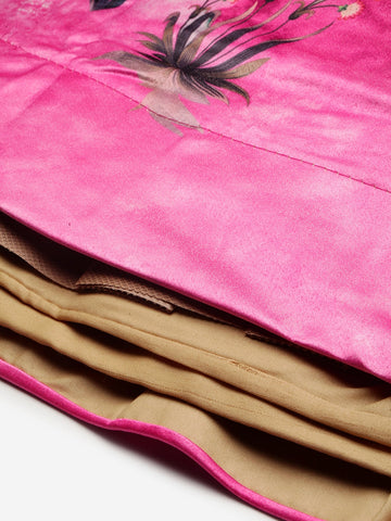 Floral Printed Pink Semi-Stitched Lehenga with Unstitched Blouse - Satin & Raw Silk