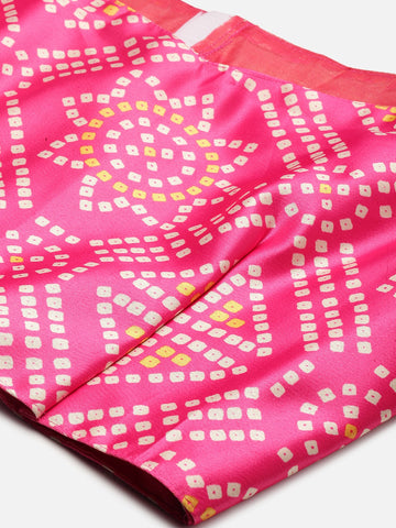 Floral Printed Pink Semi-Stitched Lehenga with Unstitched Blouse - Satin & Raw Silk