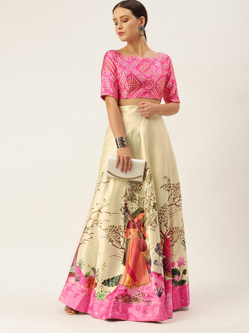 Floral Printed Pink Semi-Stitched Lehenga with Unstitched Blouse - Satin & Raw Silk