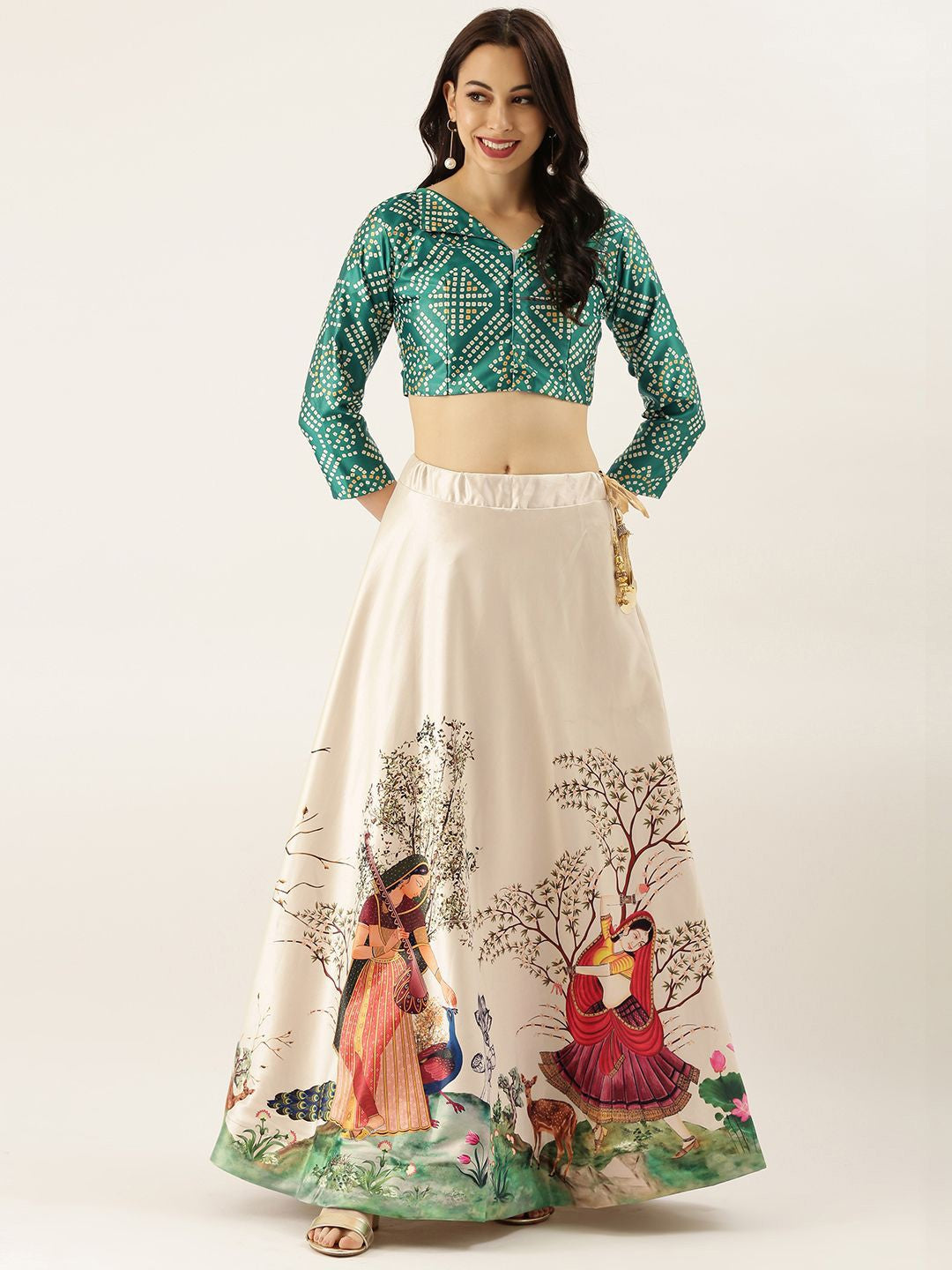 Floral Printed Green Semi-Stitched Lehenga with Unstitched Blouse - Satin & Raw Silk