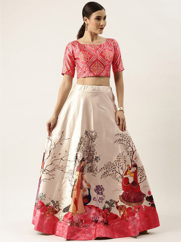Floral Printed Red & Off White Semi-Stitched Lehenga with Unstitched Blouse - Satin & Raw Silk