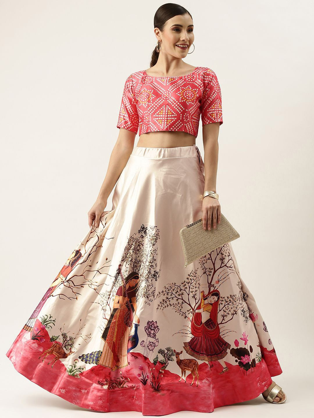 Floral Printed Red & Off White Semi-Stitched Lehenga with Unstitched Blouse - Satin & Raw Silk