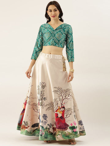 Floral Printed Green Semi-Stitched Lehenga with Unstitched Blouse - Satin & Raw Silk