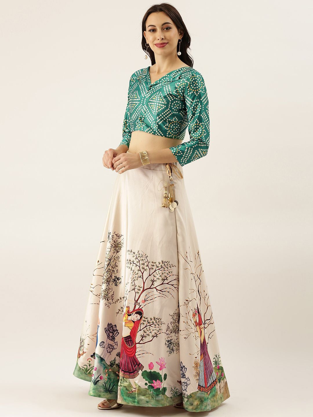 Floral Printed Green Semi-Stitched Lehenga with Unstitched Blouse - Satin & Raw Silk