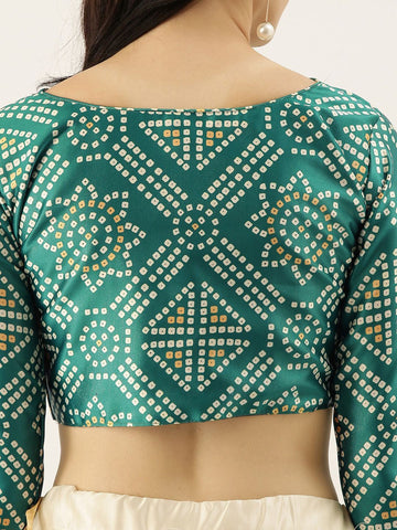 Floral Printed Green Semi-Stitched Lehenga with Unstitched Blouse - Satin & Raw Silk