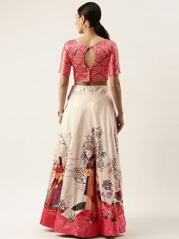 Floral Printed Red & Off White Semi-Stitched Lehenga with Unstitched Blouse - Satin & Raw Silk