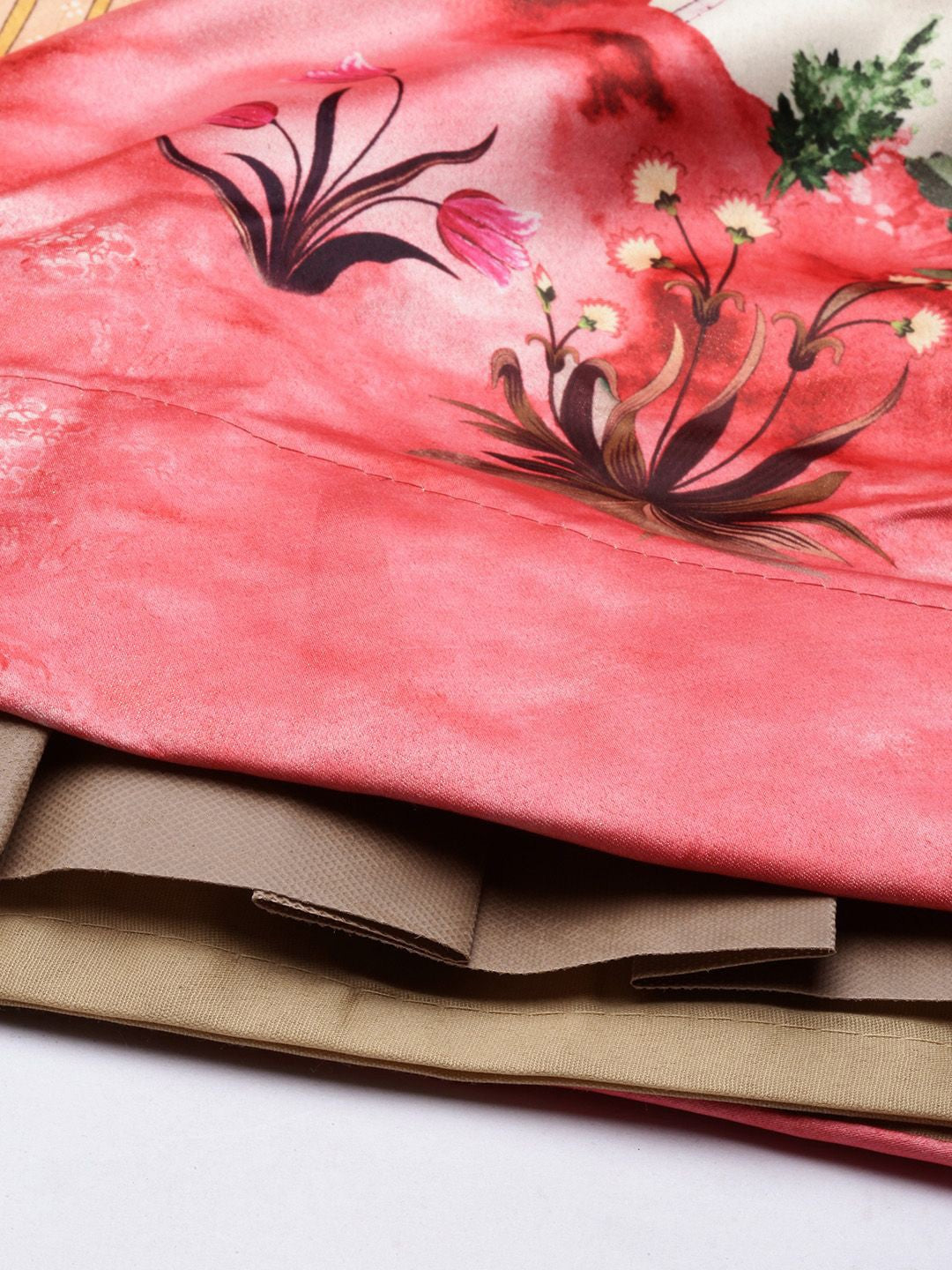 Floral Printed Red & Off White Semi-Stitched Lehenga with Unstitched Blouse - Satin & Raw Silk