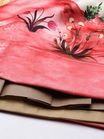 Floral Printed Red & Off White Semi-Stitched Lehenga with Unstitched Blouse - Satin & Raw Silk