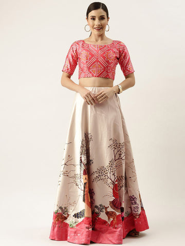 Floral Printed Red & Off White Semi-Stitched Lehenga with Unstitched Blouse - Satin & Raw Silk